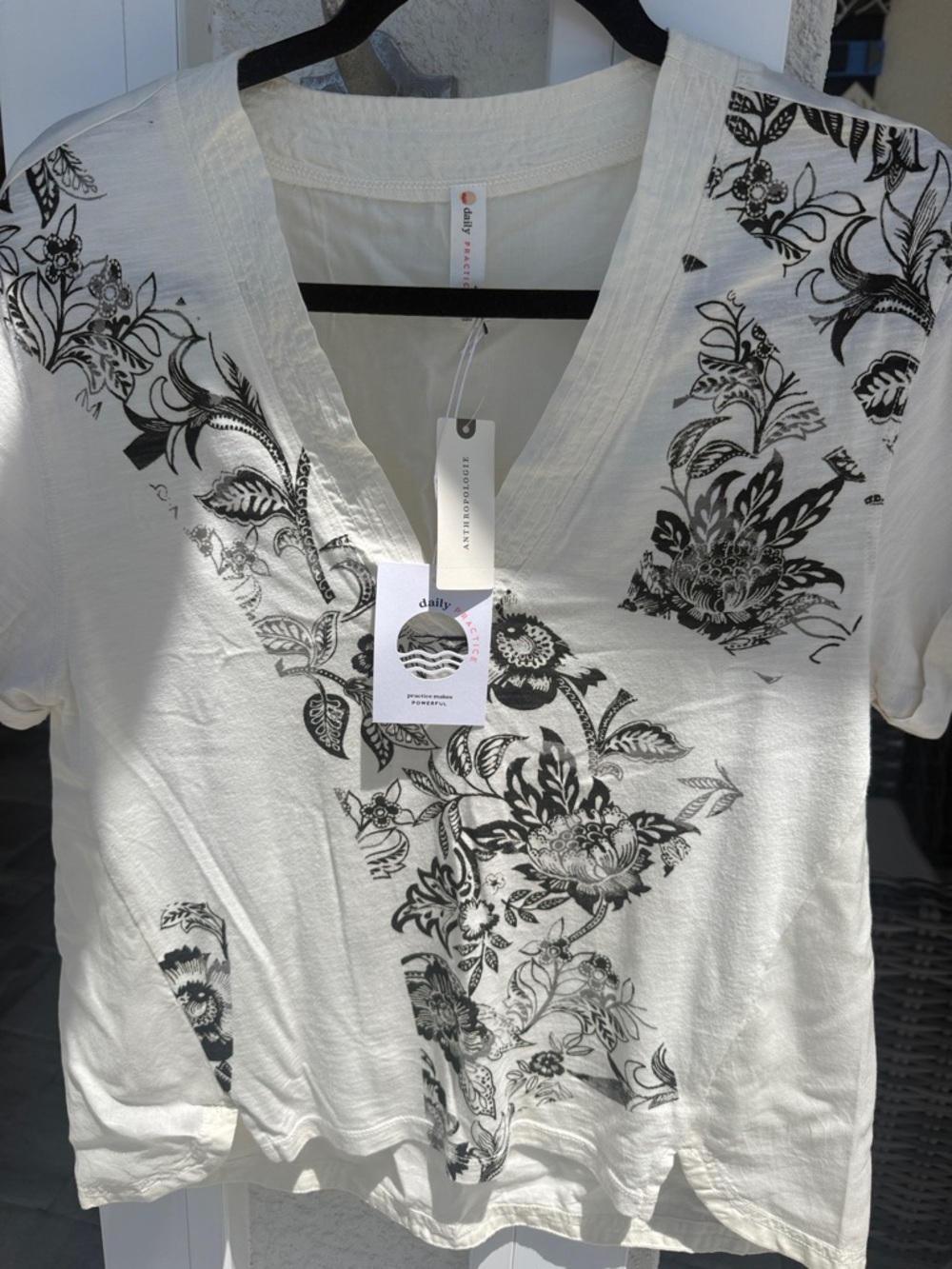 Anthropologie Cream Top with Black Floral Print